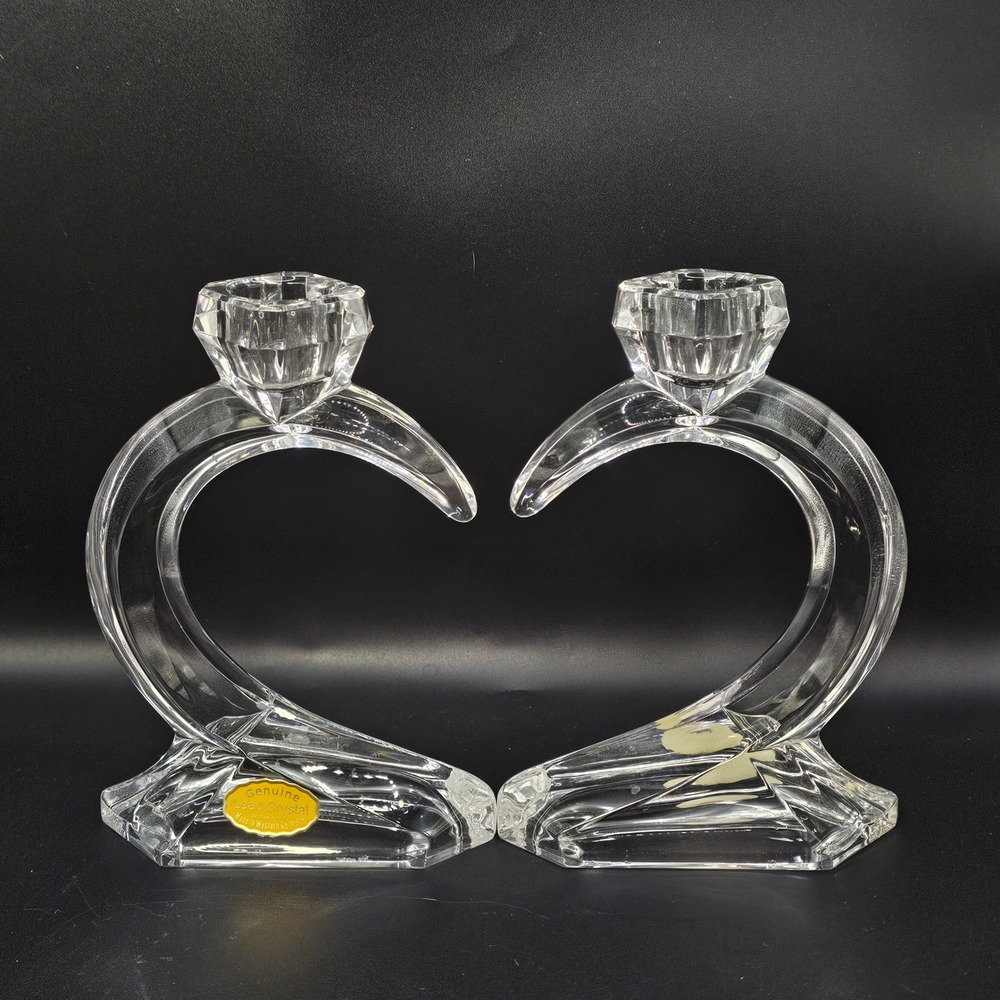 Vintage 80s W. Germany Lead Crystal Swan Heart Valentines Candlesticks‎ Pair